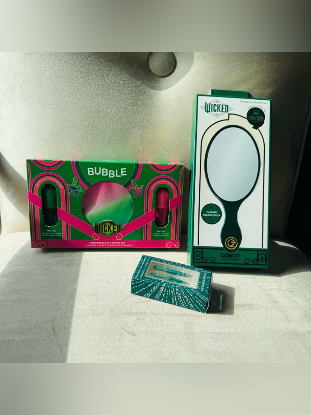 WICKED/Bubble Lip Balm Set w Charms, zippered Bag & Wicked Handheld Mirror set.